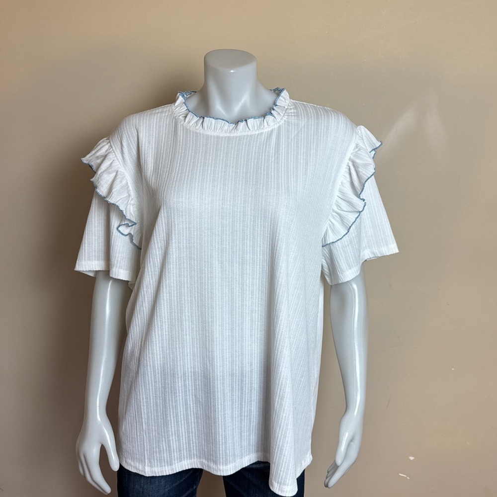 Hayden White Short Sleeve Knit Top with Ruffle Trim - Picture 9 of 12